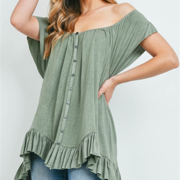 Olive off shoulder Boho style top - Picture 1 of 10